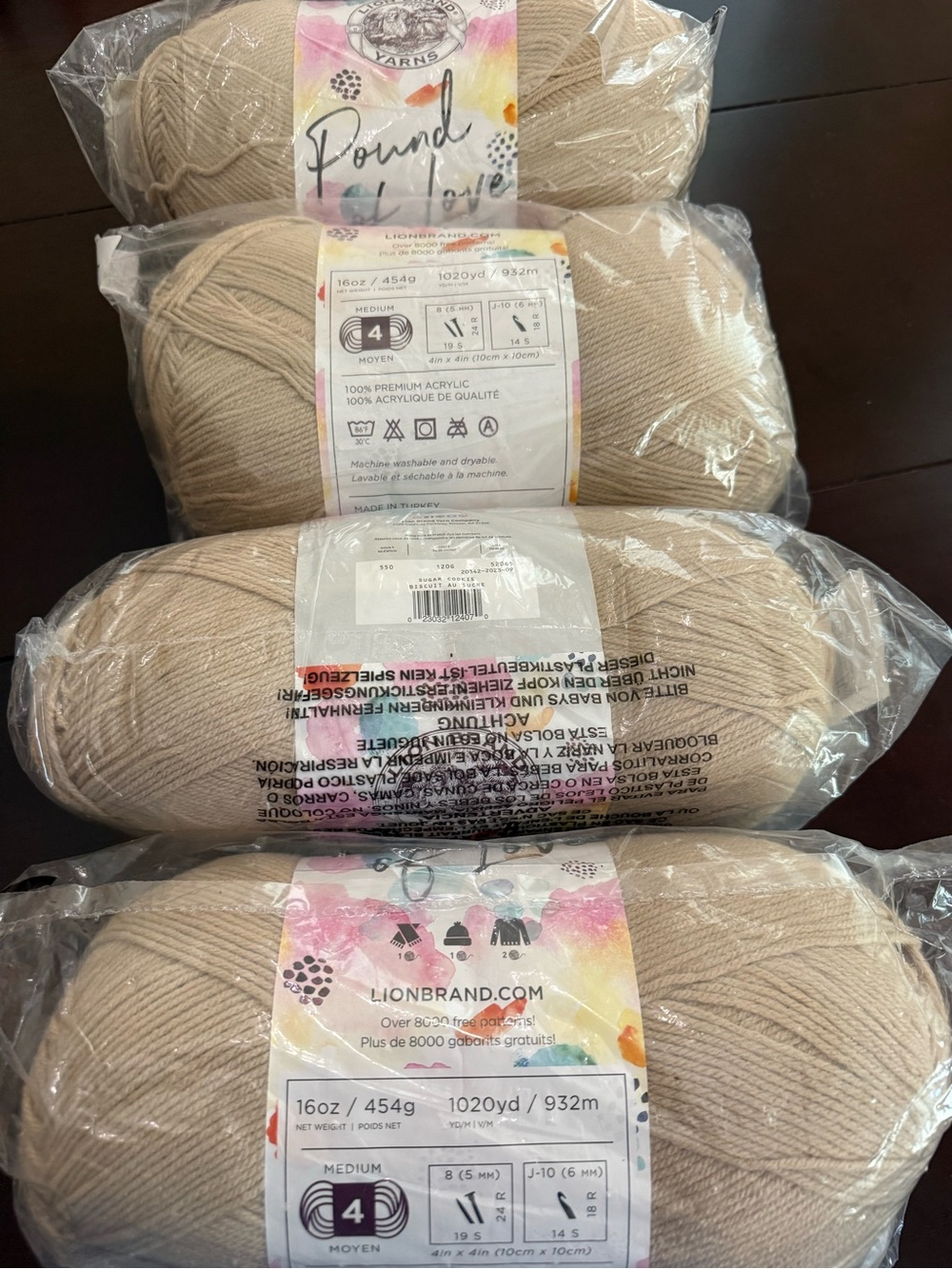 Lion Brand Pound of Love Yarn - Beige (Sugar Cookie) 4 Pack